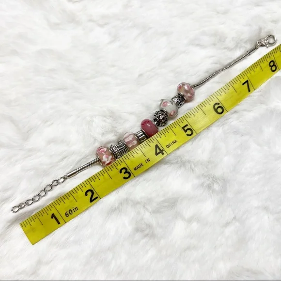 Silver & Pink Glass Bead Charm Bracelet 7-8” - Picture 3 of 10